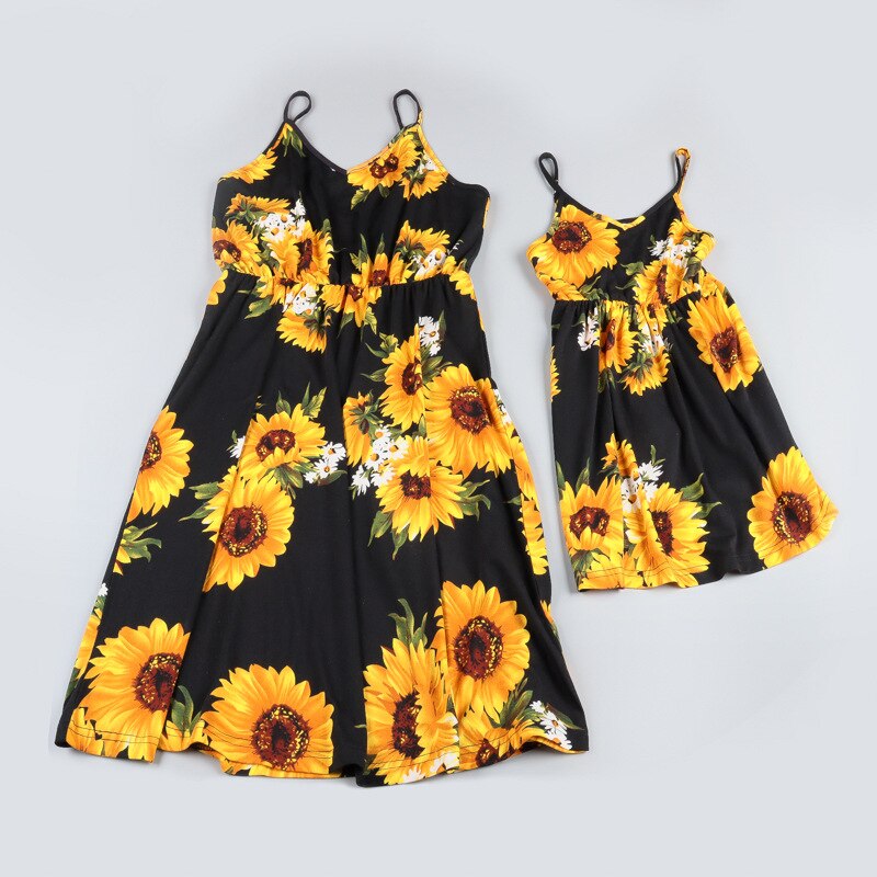 Mommy And Me Strapless Beachwear Mini Dresses Sunflower Pattern Women's Dress Mommy And Me Clothes Casual Family Matching Dress