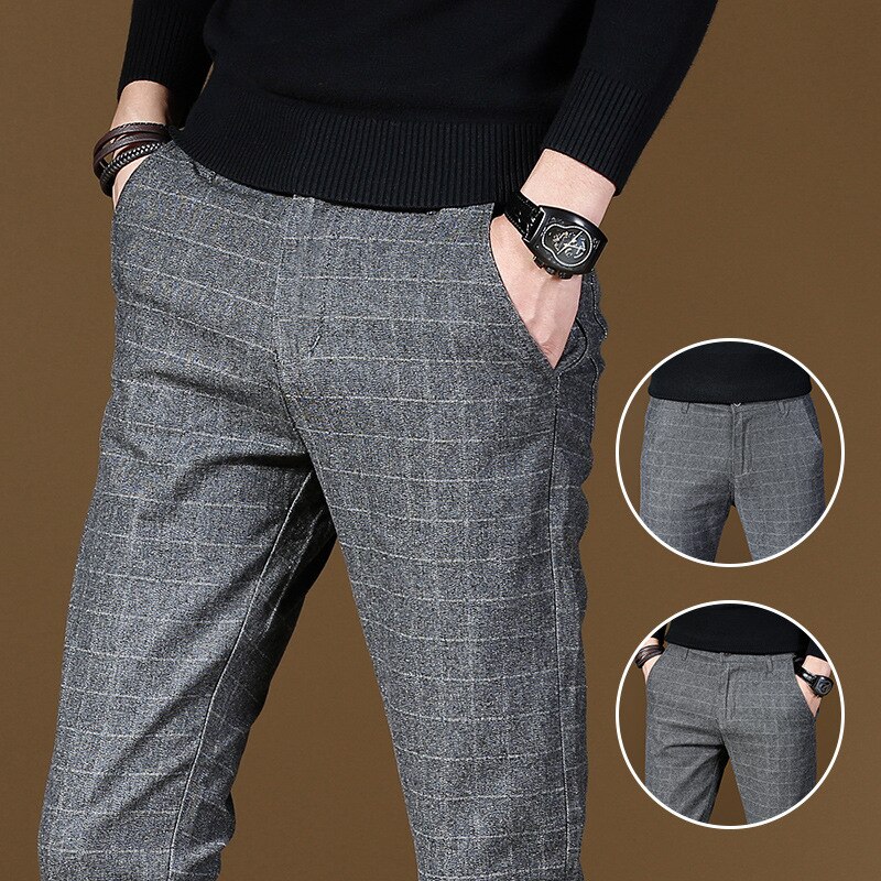 Trend Plaid Smart Business Casual Full Length Pants Mens Office Wear Straight Pants Male Slim Fit Autumn Trousers: 33 / Gray