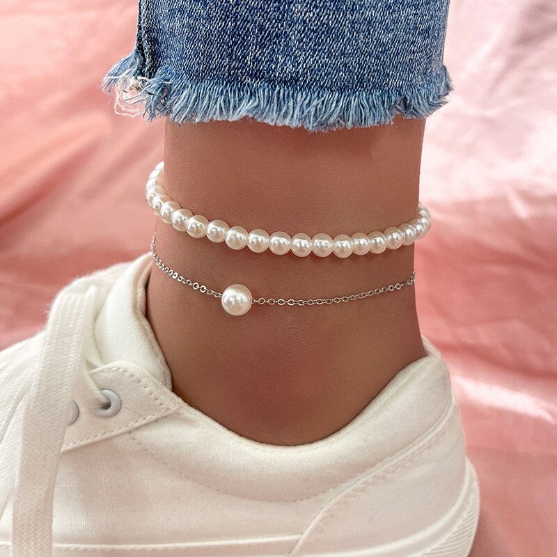 Modyle moda perla cavigliera donna braccialetto alla caviglia spiaggia imitazione perla sandalo a piedi nudi cavigliera catena gioielli piede