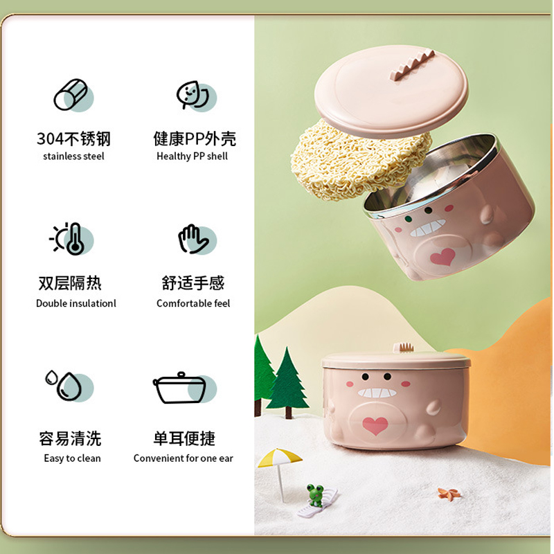 Kawaii Dinosaur Ramen Bowl Instant Ramen Noodles Korean Food Container Stainless Steel Student Bento Box with Lid &amp; Handle 850ml