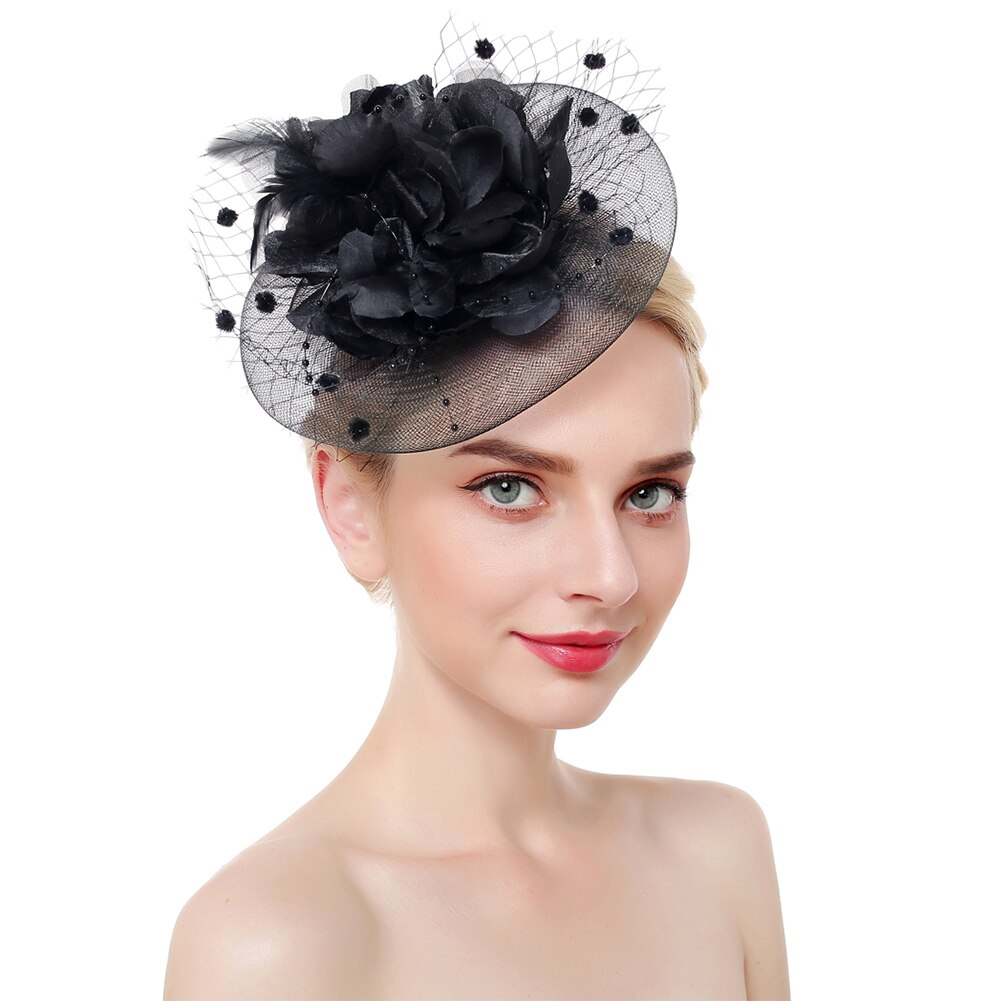 Cintas de malla con flores para mujer, tocado de plumas, sombrero, sombreros, diadema con pinza para el cabello, para la cabeza, cóctel, de té para niña: Negro
