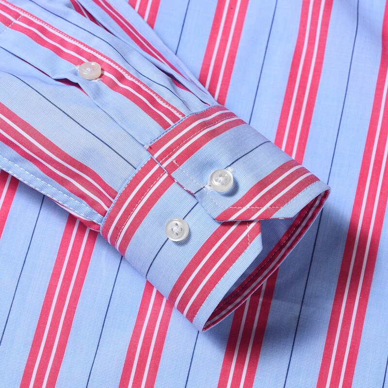 Men's Cotton Striped Button Cuff Dress Shirts Pocket-less Contrast Colors Casual Standard-fit Long Sleeve Shirt