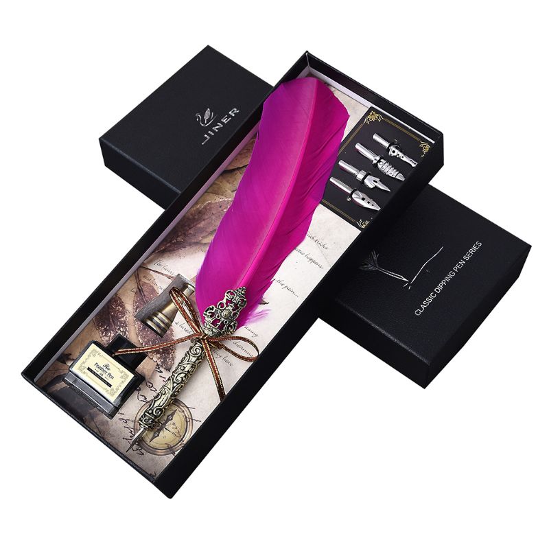 Vintage Handmade Feather Quill Dip Fountain Pen with Ink Nibs English Calligraphy Writing Stationery Wedding 090F: HP