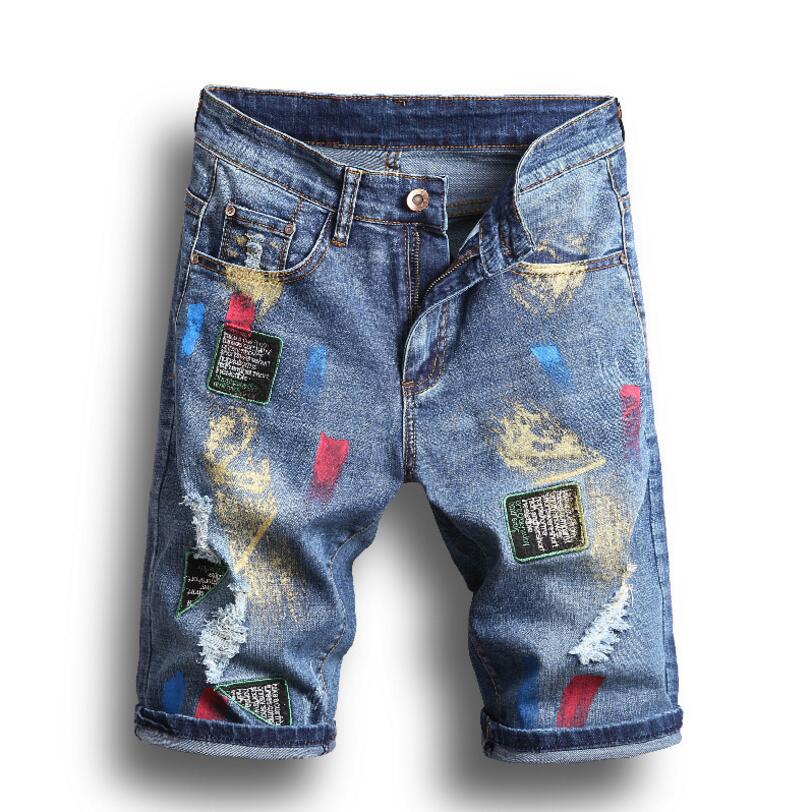 Summer Light Blue Shorts Jeans For Man Good Stretch Fit Denim Shorts Male Holes Knee Length Jeans Shorts 38