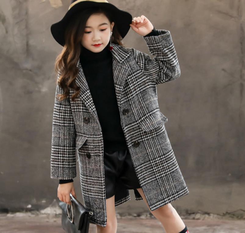 Del bambino della ragazza di Modo del Plaid Cappotto di Lana Per Le Ragazze Doppio-petto Bambini Della Tuta Sportiva di Autunno di Spessore Vestiti Invernali Per Le Ragazze