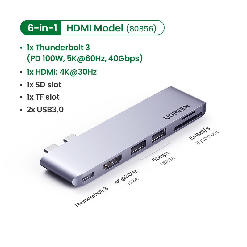 Ugreen usb c hub dual type-c til multi usb 3.0 4k hdmi for macbook pro air adapter thunderbolt 3 dock usb  c 3.1 port type c hub: 6- i -1 hdmi