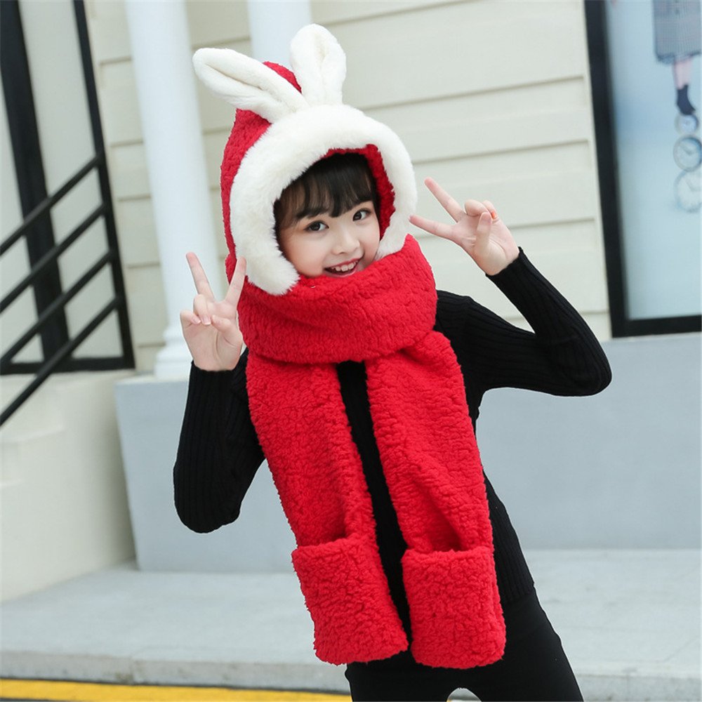 Vinter korean hat handsker tredelt tykkere varm hagesmæk baby plys kanin ører børn tørklæde: 1