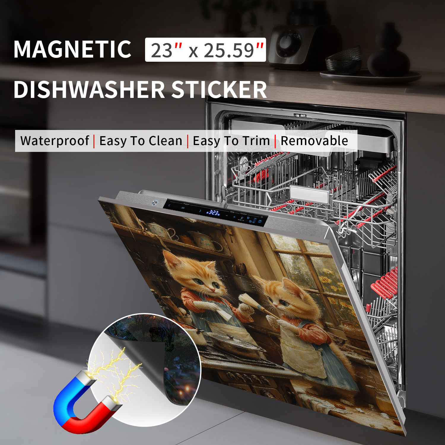 Leicht zu reinigende magnetische Geschirrspüler-Türabdeckung – kein Kleber erforderlich, perfekt für Küchendekoration und Edelstahlplatten, 23,03 x 25,59 Zoll