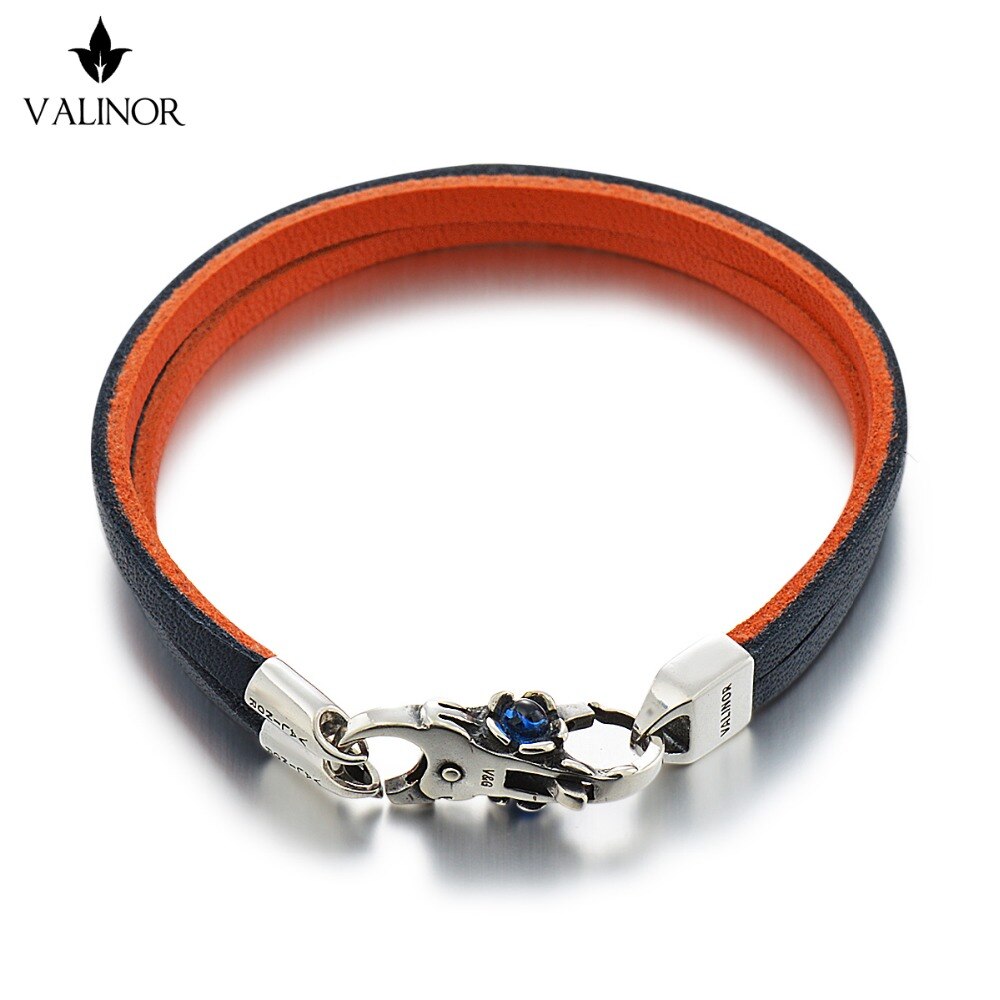 Blue orange dubbele Laag van de eerste laag van lederen armband 925 sterling Zilveren Armbanden SCNP001