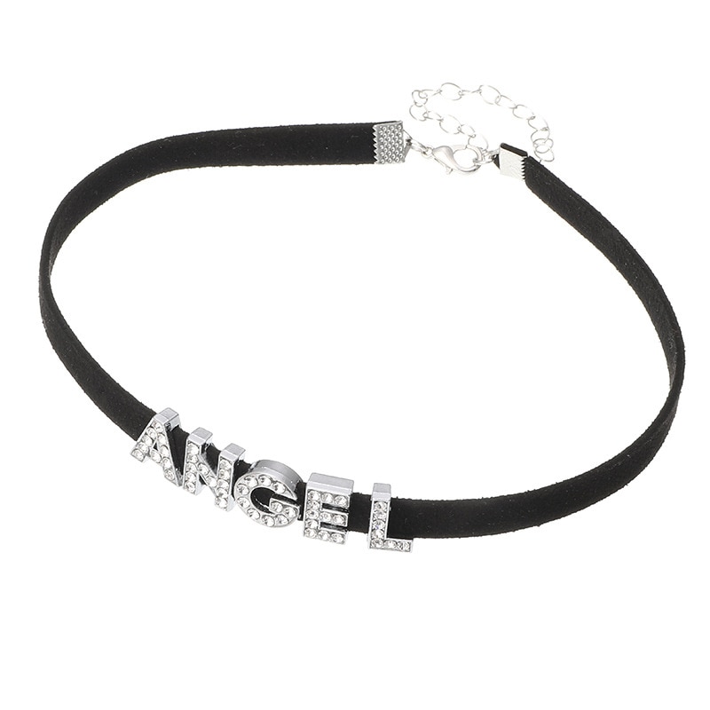 Collar gótico negro con cristales y letras de ángel para niña y mujer, Gargantilla corta, cuello Punk, Retro, joyería para , accesorios para el cuello