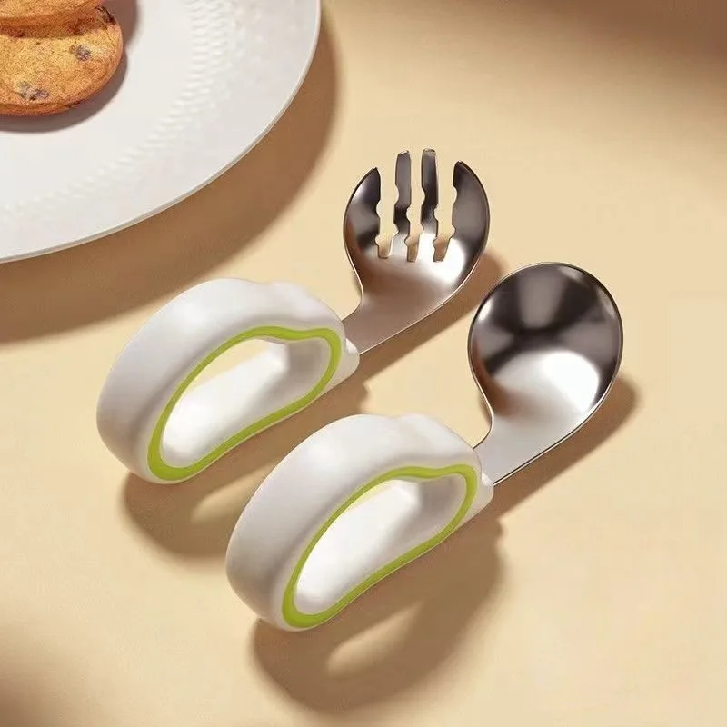 1PCS Baby Eating Training Soft Silicone Fork Spoon Short Handle Baby Easy To Grip 316 Stainless Steel Fork Spoons: Blue
