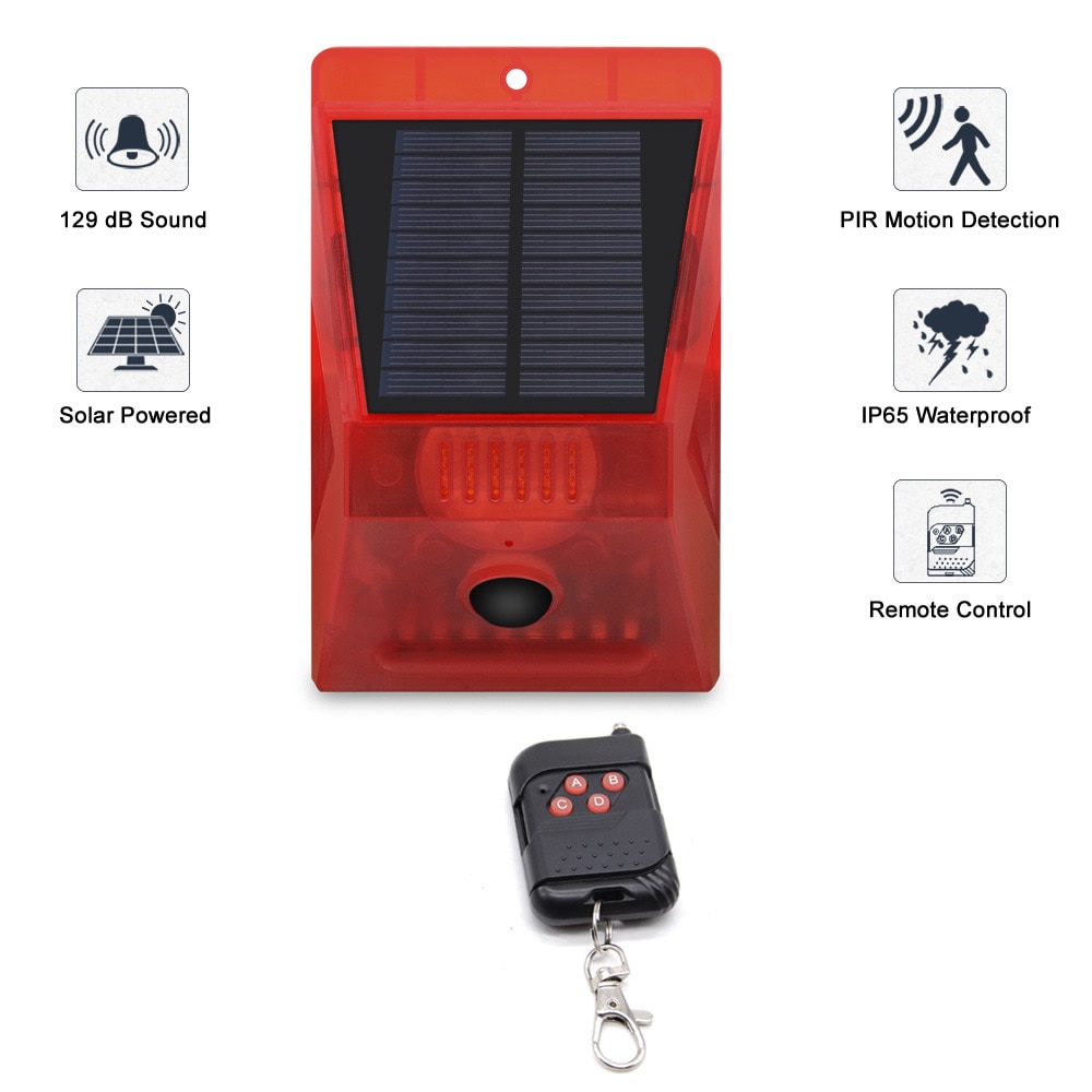 Alarma de movimiento PIR con energía Solar, Sensor de movimiento con Control remoto, 129dB, sirena estroboscópica para casa, jardín, cobertizo, caravana, sistema de alarma de seguridad