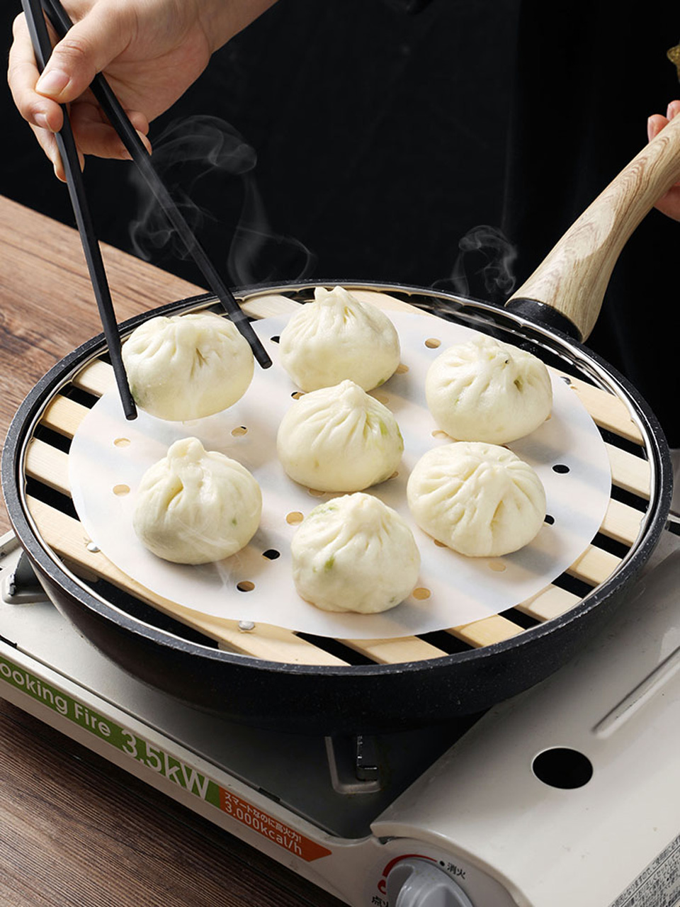 Vaporera redonda de bambú para el hogar, vaporera de acero inoxidable para cocinar al vapor bollos y fideos, suministros de cocina chinos