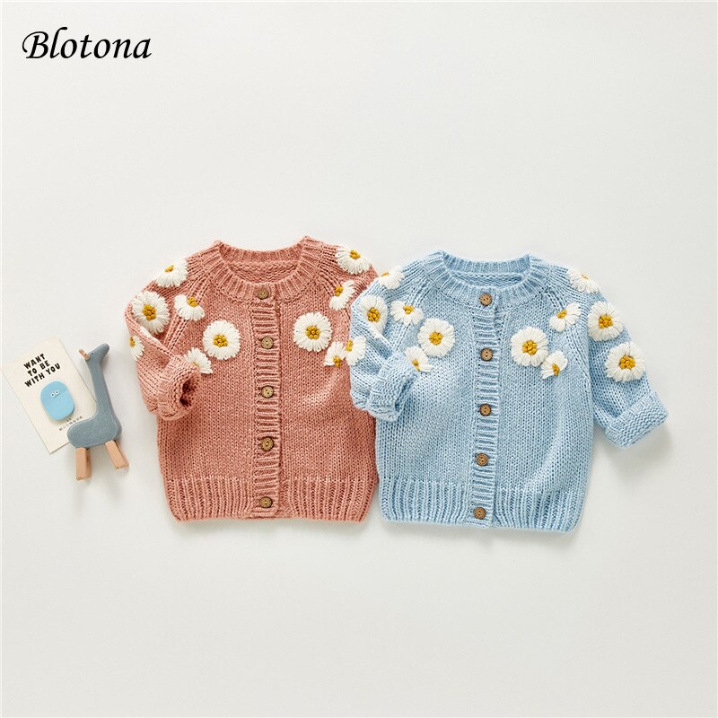 Blotona – Cardigan tricoté pour bébés filles, haut décontracté à col rond et manches longues, avec broderie marguerite, à simple boutonnage, pour l&#39;automne et l&#39;hiver