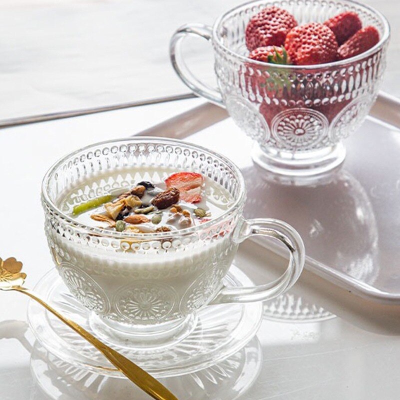Embossed Sunflower Glass Cup Transparent Milk Breakfast Drinkware Water Cup with Handle Large-Capacity Oatmeal Mug