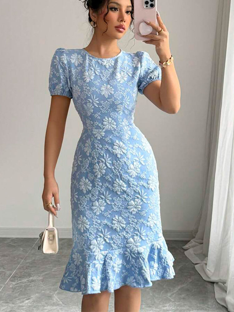 Summer Women's Dress Lantern Sleeve Hook Flower Dress, Summer Women's Clothing, Blue Dress, Women's Dress