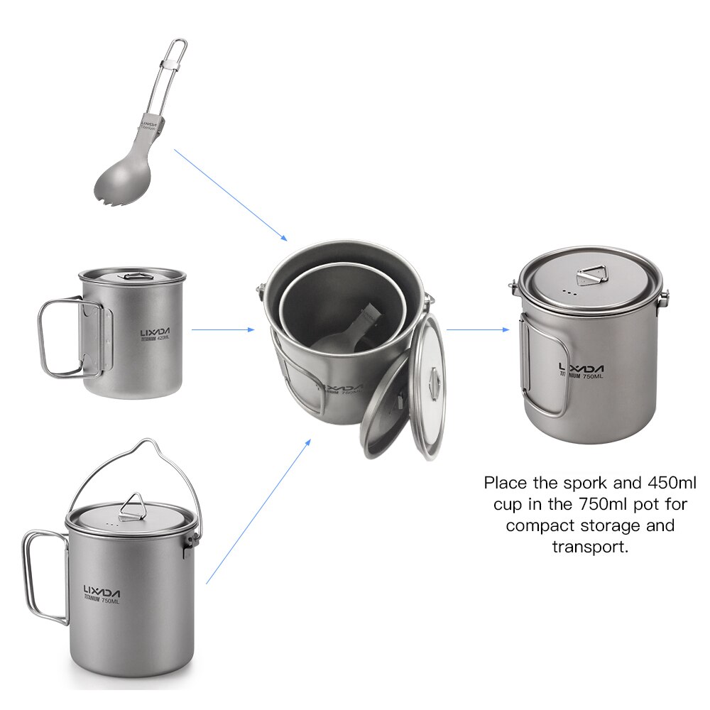 Lixada en plein air titane ultra-léger tasse Pot Portable tasse suspendue couvercle de Pot et poignée pliable équipement de Camping ustensiles de cuisine randonnée