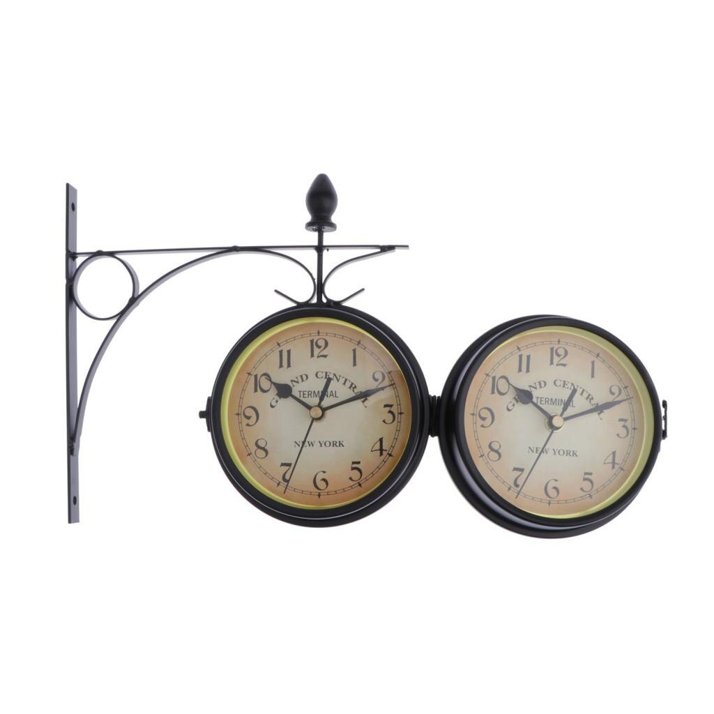 Reloj de pared de doble cara de estilo estación de tren de hierro, reloj redondo de estilo Vintage con soporte lateral de pared de desplazamiento