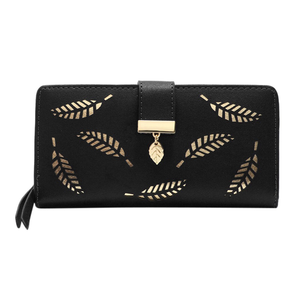 S 'donne di Tendenza di Moda di Colore Solido Lungo Con Frange Hollow Foglia di Carta di Cuoio Del Raccoglitore delle donne portefeuille femme monederos para #20: Black