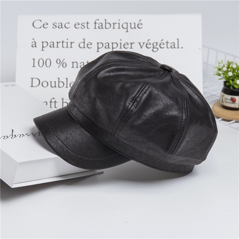 Vrouwen Lederen Baretten Hoed Franse Kunstenaar Beret Hoed Zwarte Baretten Herfst Winter Koreaanse Stijl Stevige Baretten Hoed Caps Voor Vrouwen: Black