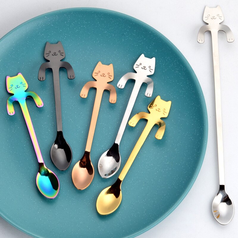Stainless Steel Cute Cat Shaped Love Coffee Spoon Teaspoon Children Spoon Beautiful 5 Colors Coffee Tea Use Eco Friendly