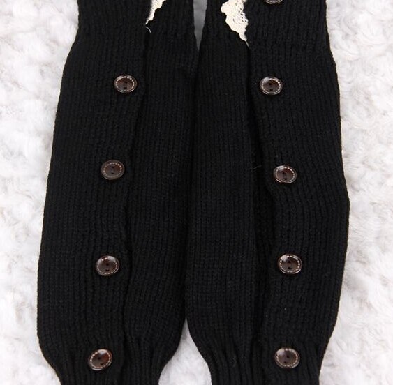 Piger børn trendy strikket knap blonder benopvarmere trim boot manchetter sokker: Sort