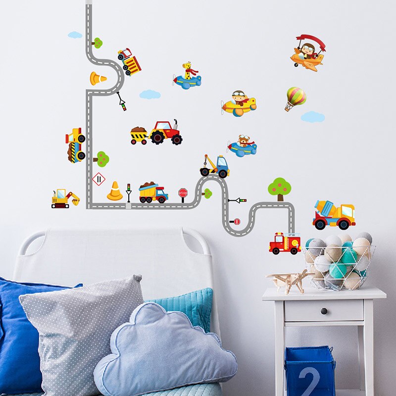 Cartoon Techniek Voertuig Muurstickers Voor Kinderkamer Kinderen Slaapkamer Nursery Vliegtuig Muurstickers Art Muurschilderingen Voor Home Decor