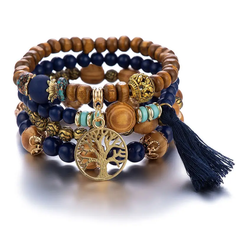 Conjunto de pulsera de árbol de la vida para mujer, brazalete de cadena elástica con cuentas de madera y borlas, joyería de para: Oro oscuro