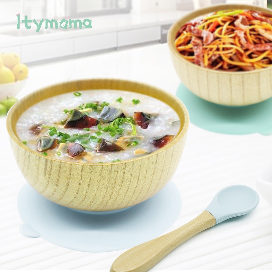 Baby Feeding Bowl Spoon Fork Food Tableware Kids Wooden Training Plate Silicone Suction Cup Removable Children's Dishes Goods