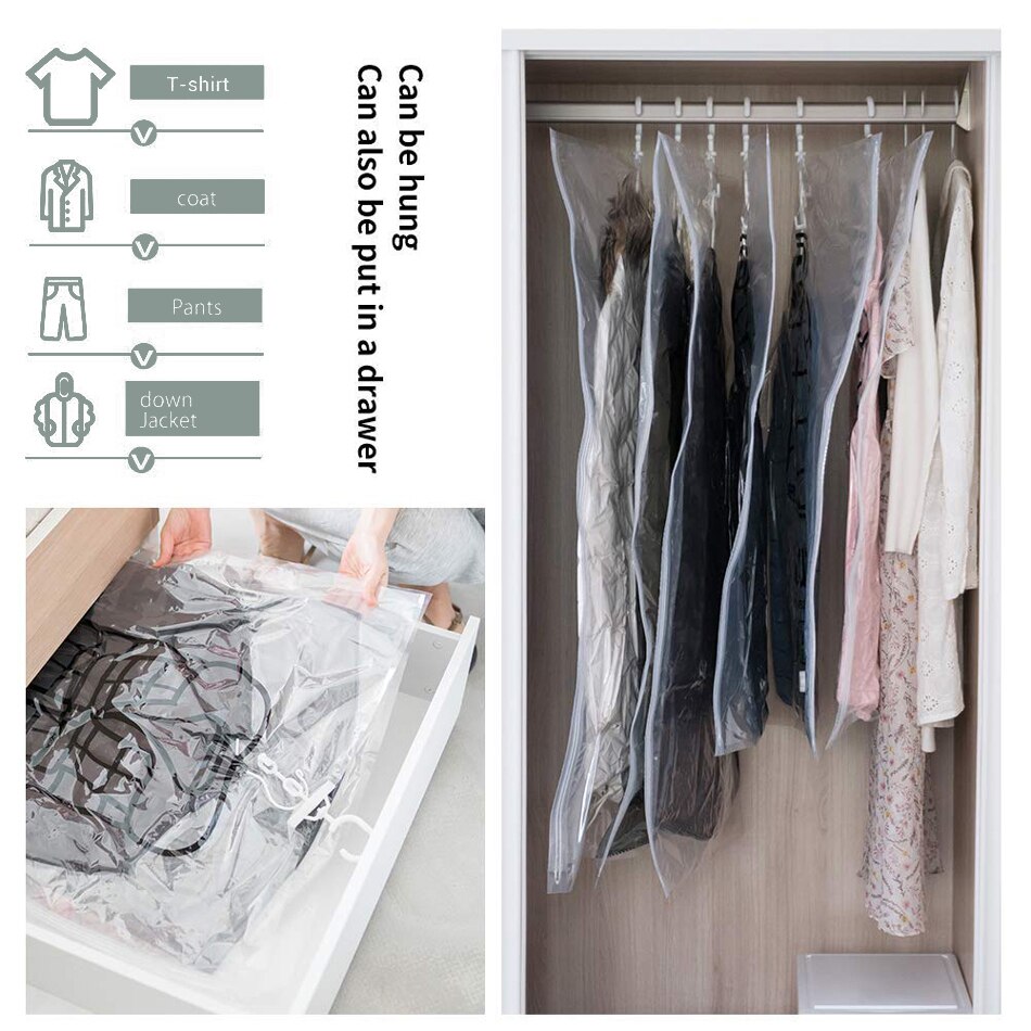 Hanging Vacuum Storage Bag Closet Organizer Space Saving Clear Seal Wardrobe Storage Bags With Hanger For Coats Jackets Suit