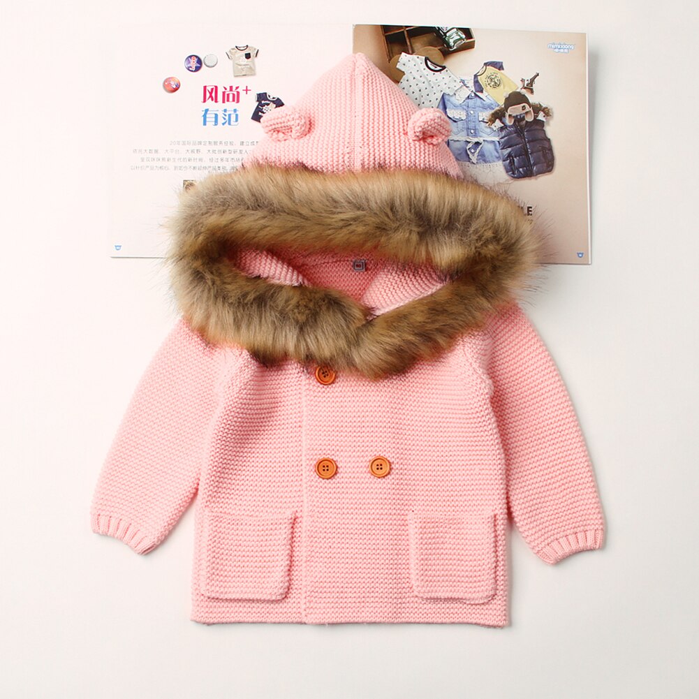 Bébé tricoté manteau mignon à capuche col de fourrure pull à manches longues infantile hauts pour bébé enfants filles garçons