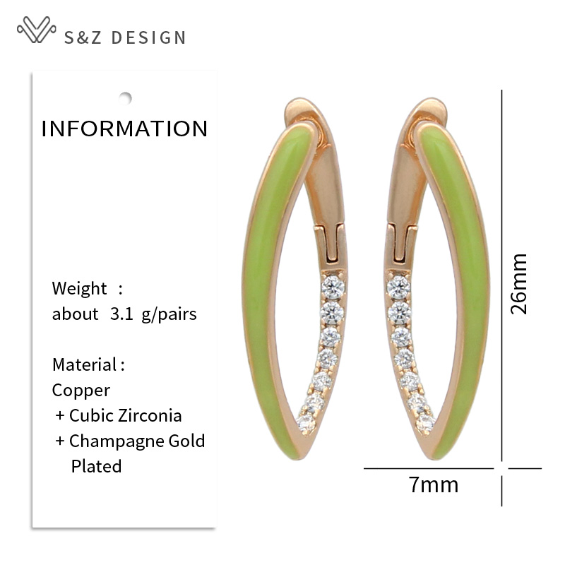 S&Z Mode Goud Kleur Groen Emaille Dangle Oorbellen Voor Vrouwen Bruiloft Zirconia Sieraden
