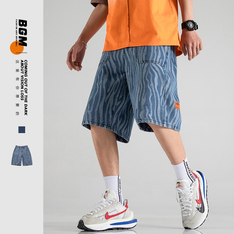 Summer Men Knee Length Denim Trousers Zebra Print Casual Jean Shorts