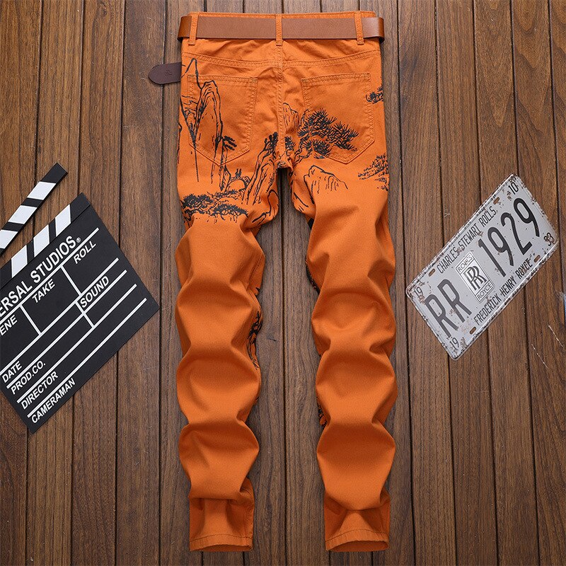 Pantalones vaqueros elásticos con estampado de tigre para hombre, vaqueros elásticos ajustados con pintura de tinta china a la