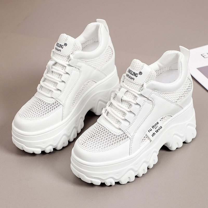 Rimocy Breathable Mesh Women's Wedges Heels Sneakers 2022 Lace Up Chunky Platform Trainers Woman White Thick Heel Sports Shoes