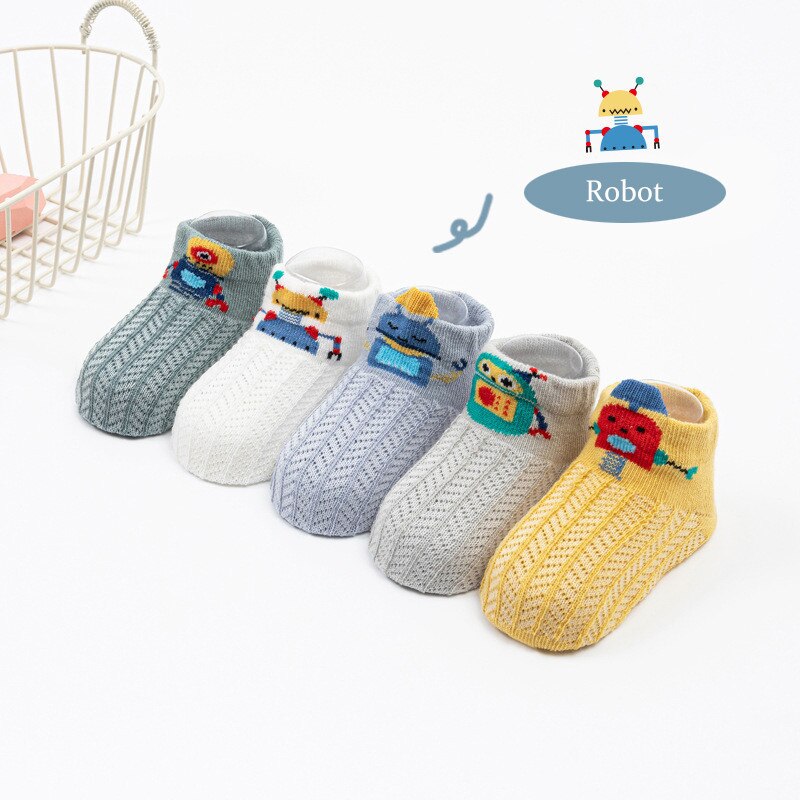 5 Paren/partij Baby Sok Cartoon Pasgeboren Zomer Mesh Dunne Kinderen Sokken Voor Meisjes Jongen Katoenen Baby Casual Peuter Korte Floor sokken: Robot / S(0-1Y)