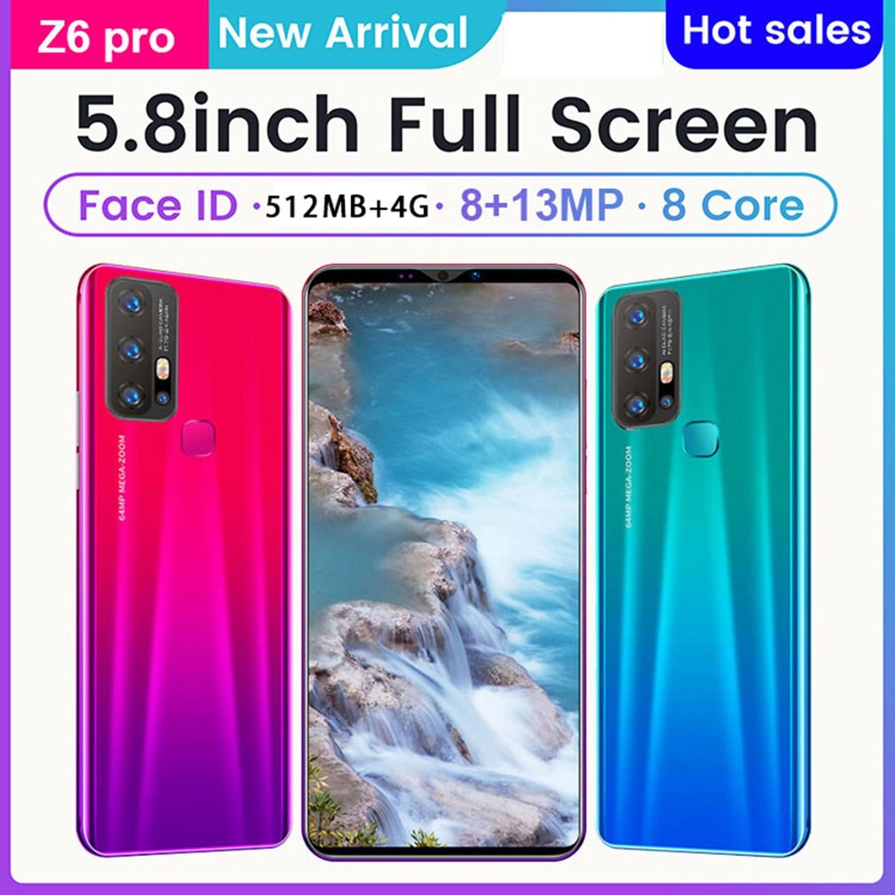 Z6 Pro Smartphone 5.8 Inch Scherm Smartphone 512M + 4G Android Smartphone 3D Glas Plated Achterkant Zwart