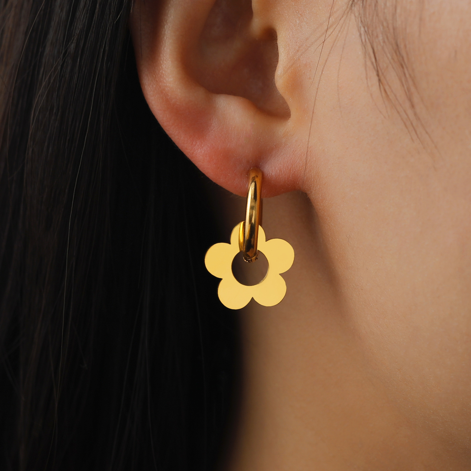 Skyrim Kpop-pendientes colgantes de flores para mujer, aretes de aro de acero inoxidable de Color dorado, joyería de boda bohemia, en