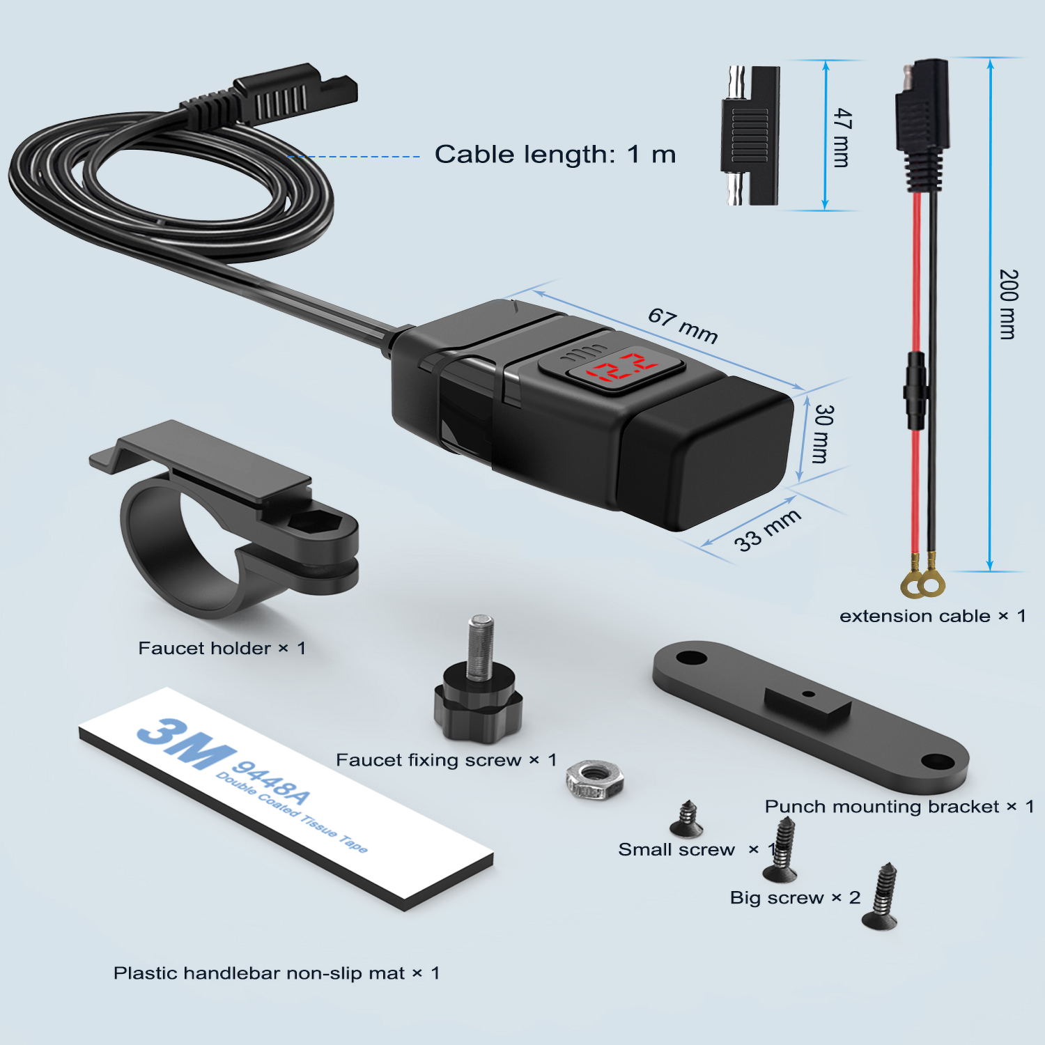 Extractme QC3.0 Motorcycle USB Charger 12V Waterproof Socket Handlebar Cell Quick Charger Adapter with Voltmeter Motor Accessory
