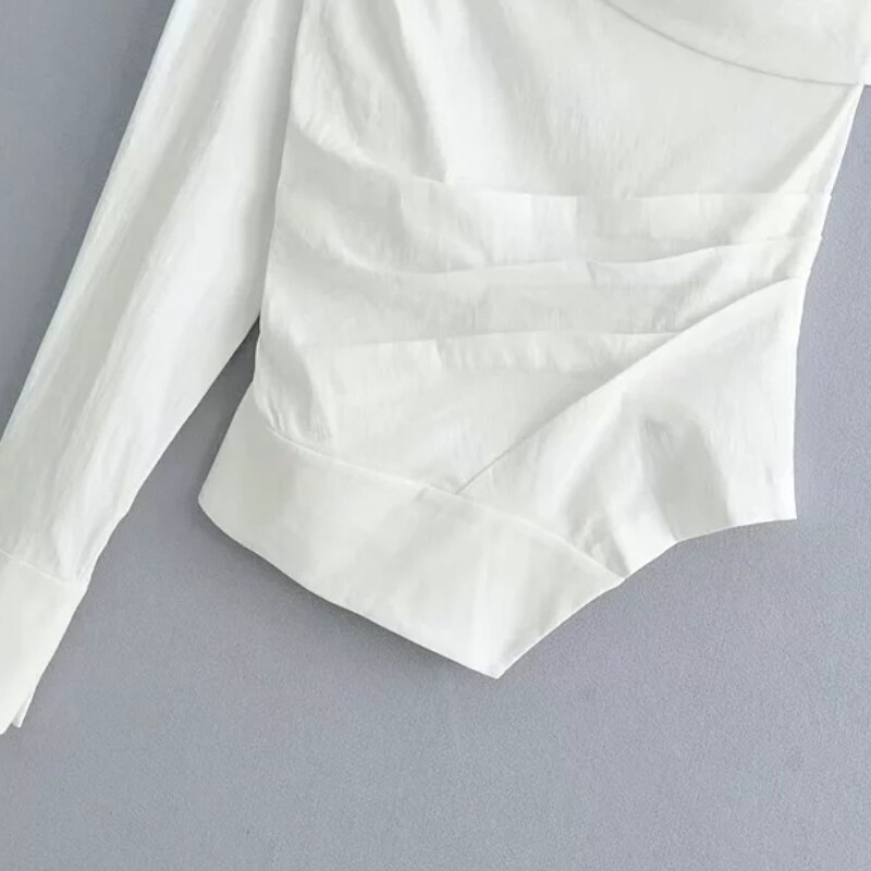 Chemise asymétrique à manches longues pour femme, plissée, décontractée, couleur blanche, été, style biais col chic hauts streetwear S5526