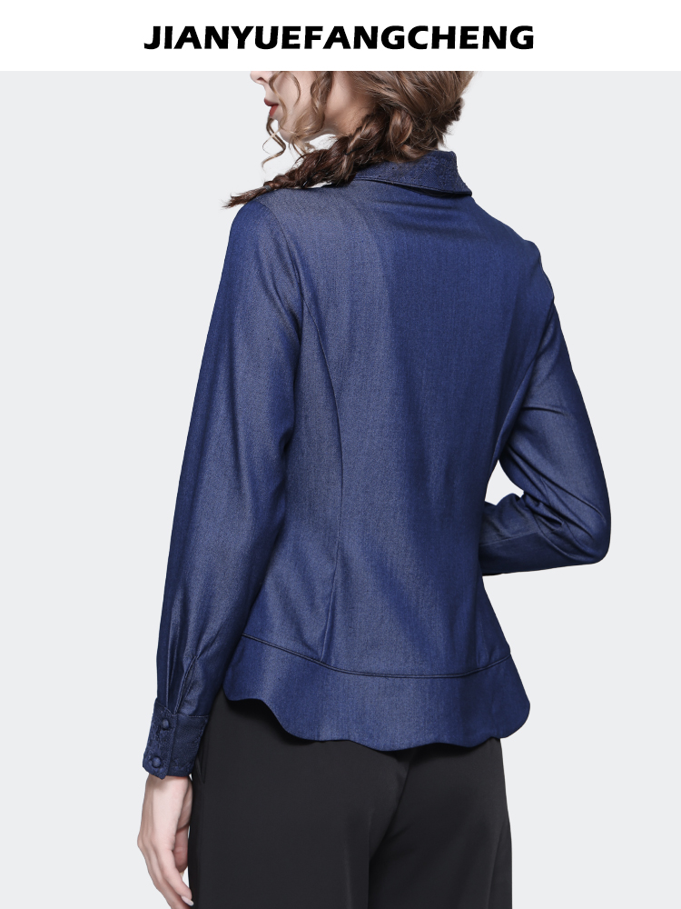 Women Long Sleeve Blue Denim Shirt Spring Vintage Embroidered Tops Pointed Collar Casual Button-down Blouses