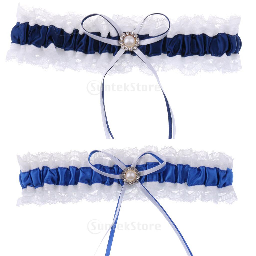 Women's Blue &amp; White Lace Garter Wedding Bridal Garter with Satin Bow