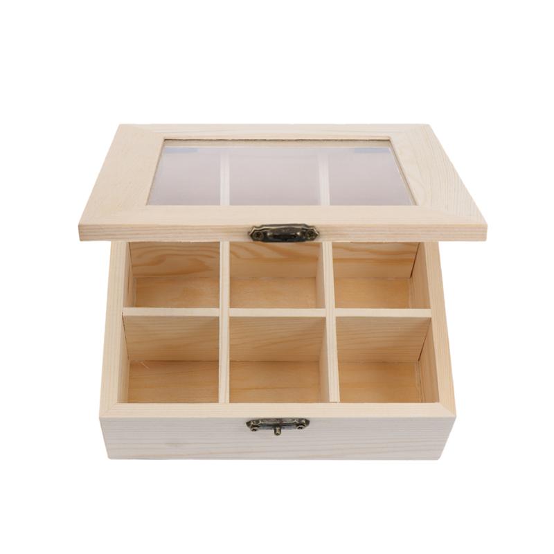 Coffee Storage Box Organizer Wooden Tea Box with 9-Compartment and Glass Window Tea Coffee Display Case Tea Bag Chest No Letters