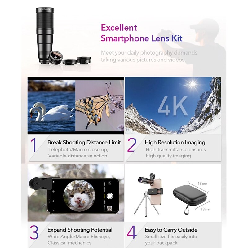 APEXEL Phone Camera Lens Kit 4 in 1 Telephoto Zoom 22X Lens Telescope Monocular Wide Macro Fisheye Lens Tripod