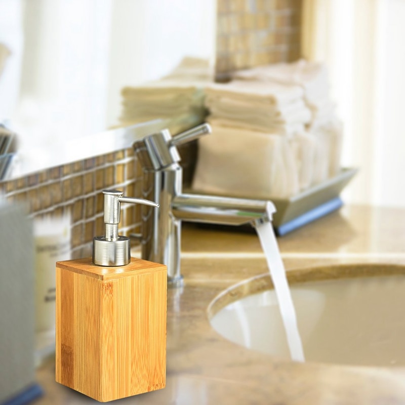 Liquid Soap Dispenser, Bamboo Wooden Household Bathroom Restaurant Hotel Bathroom Lotion Liquid Refillable Hand Sanitizer Bottle