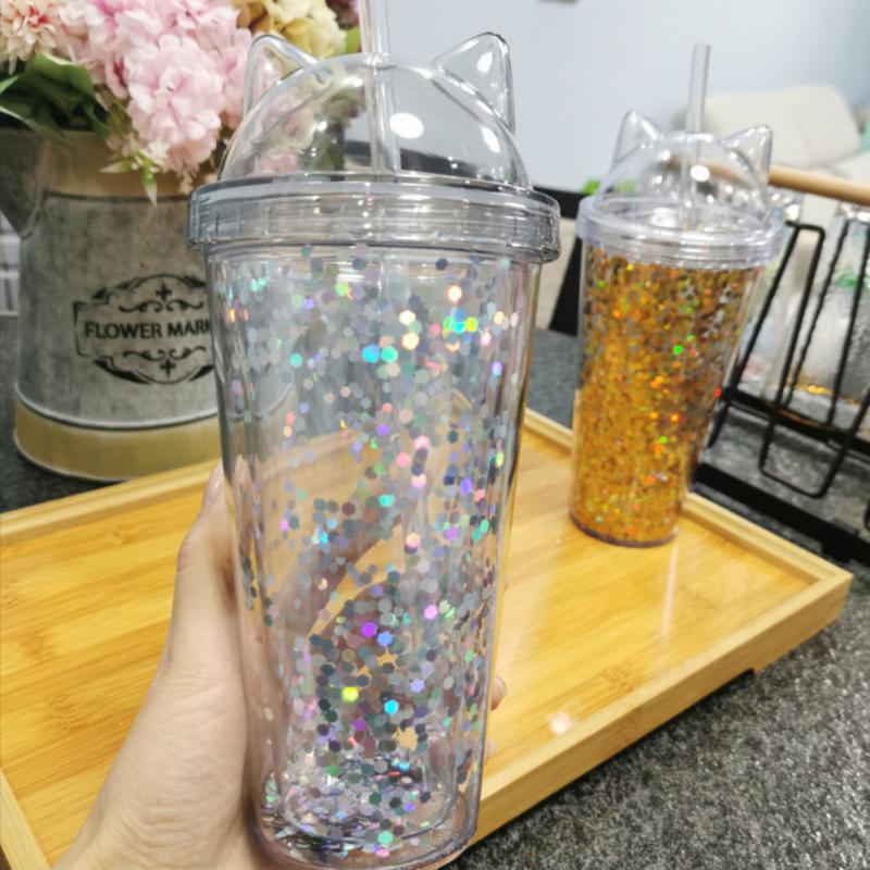 Tasse en plastique Transparent avec oreille de chat, Double couche, 473ml/16oz, tasse d&#39;eau, tasse de paille, tasse à café, gobelet avec paille: 05
