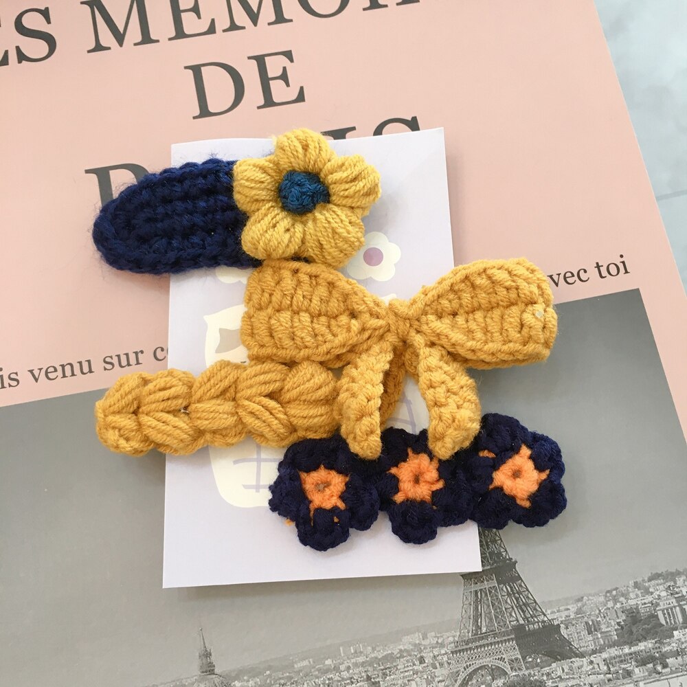 Otoño Invierno 4 unids/set Adorable de lana de punto Bowknot flor pelo Clip horquilla para las mujeres Accesorios: 7