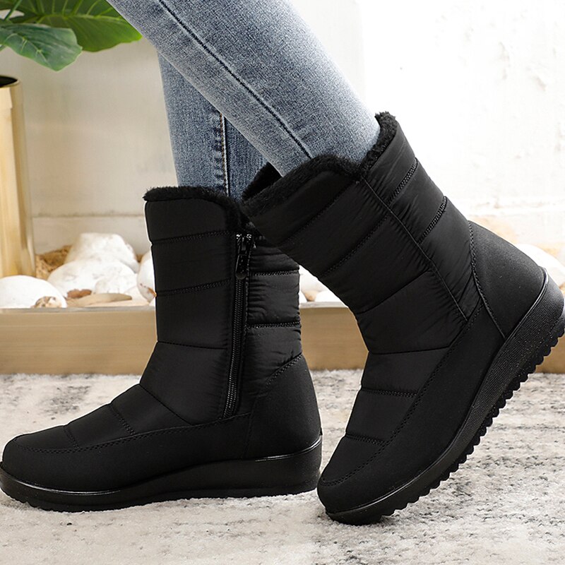 Waterdichte Laarzen Vrouwen Winter Snowboots Warm Pluche Fur Enkellaarsjes Casual Dames Wig Schoenen Voor Vrouwen Zip Bota Feminina
