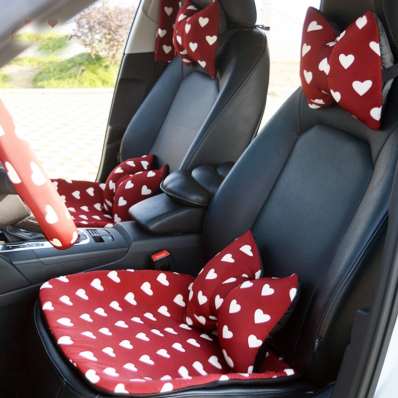 Liefde Rode Auto Stuurwiel Covers Cotoon Auto Interieur Hoofdsteun Taille Ondersteuning Kussens Zitkussen Covers Bescherming Voor Meisjes