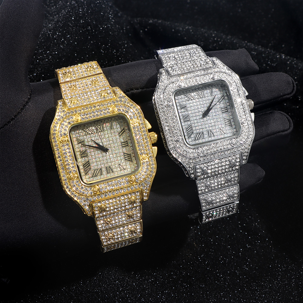 Iced out dameklokke gull sølvfarget firkantet diamanter kvarts luksuriøs hiphop-armbåndsur romersk klokke feminin relogio feminino